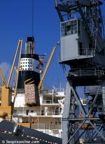 ID 285 SNOW CRYSTAL (1973/14512grt/IMO 7321075) discharges at the Canary Islands Fruit Terminal, Southampton, England. Flying the flag of the Cook Islands when she was broken up in 2010.